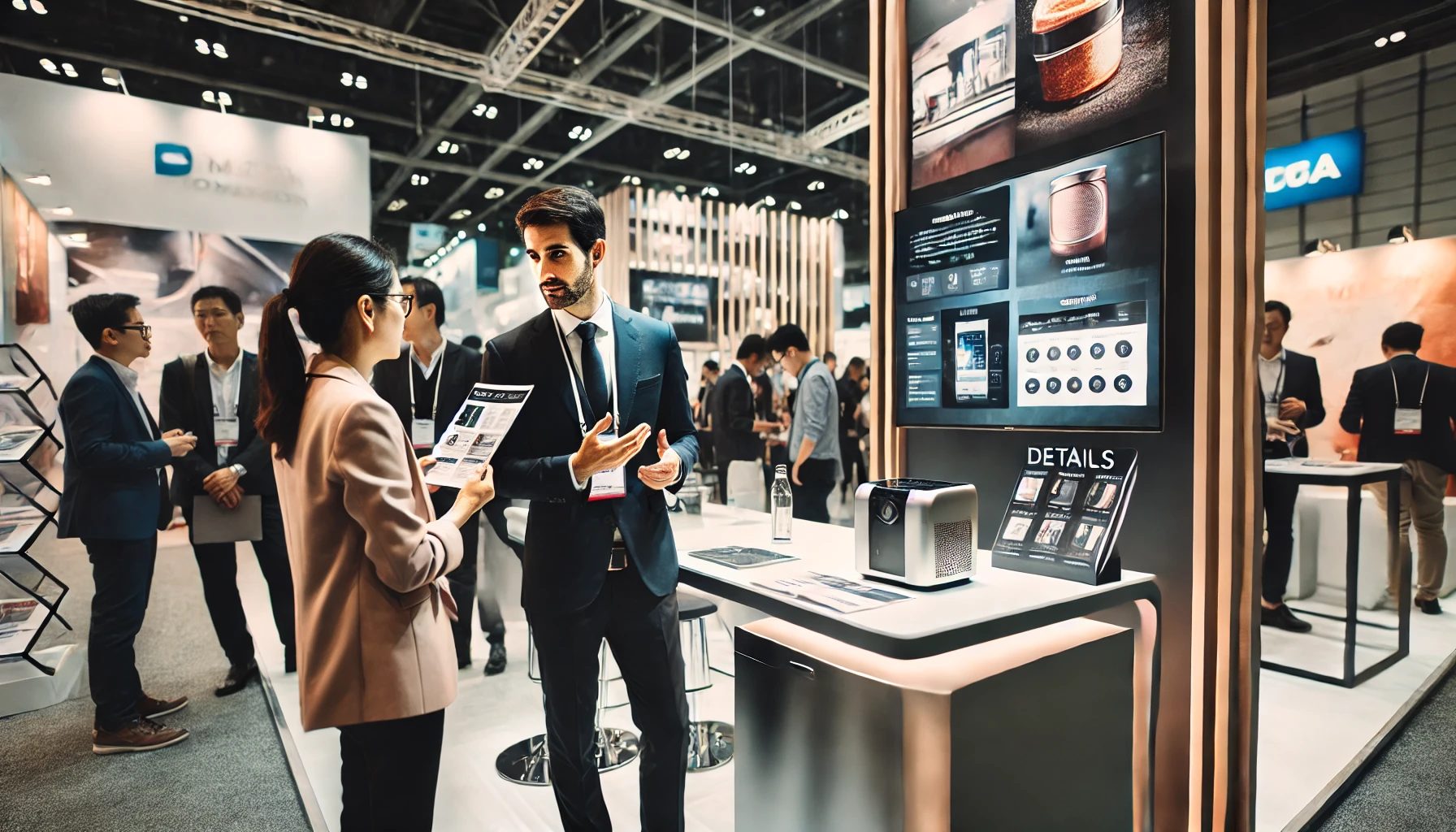 An einem Messestand wird eine Frau gerade von einem Messeaussteller beraten. Sie stehen vor einem Exponat und die Frau hat eine Broschüre in der Hand. Die beiden und die Menschen an den anderen Messeständen im Hintergrund tragen Anzüge.